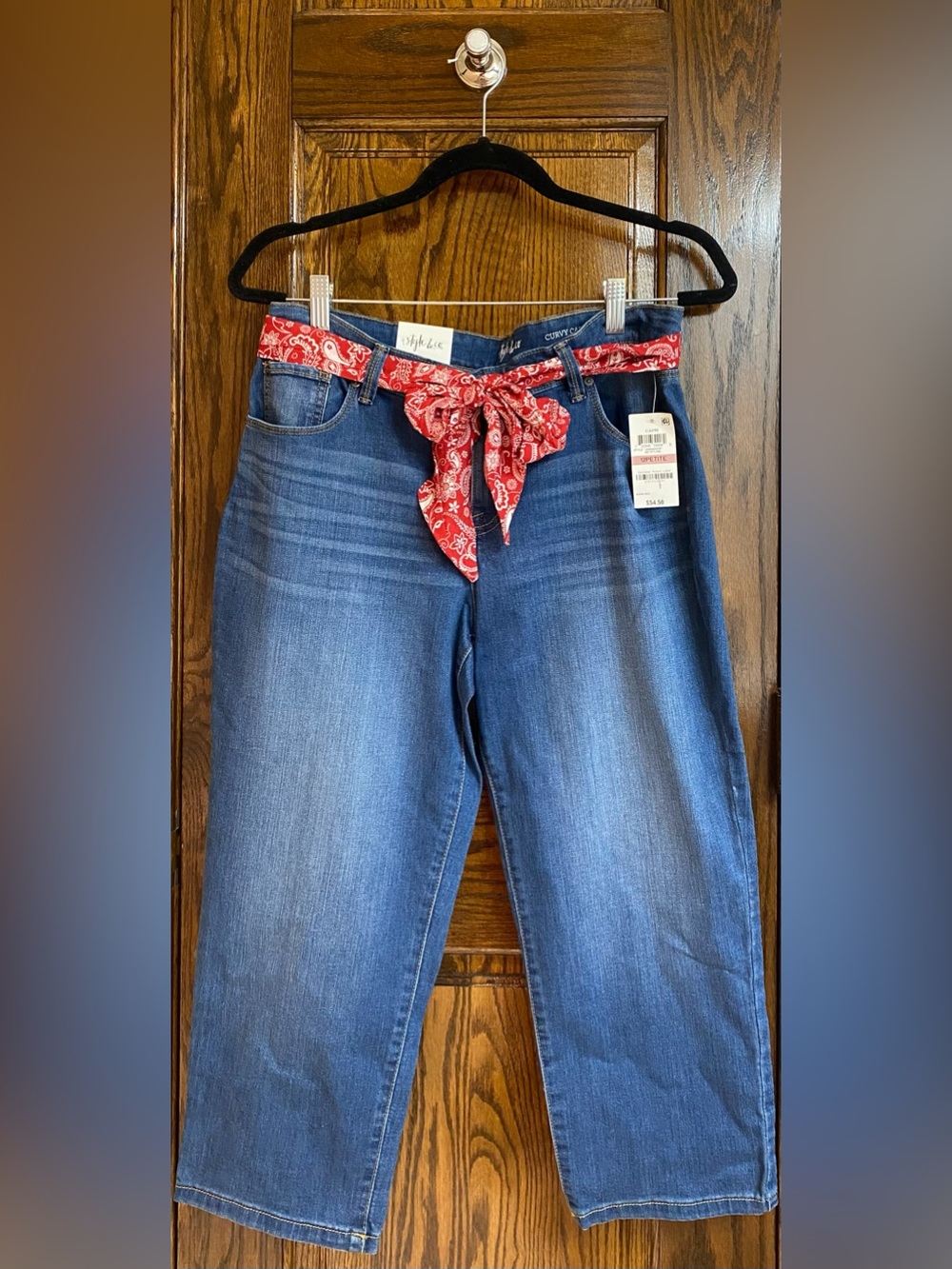 Style & Co. Straight Leg Blue Denim Jeans with Red Bandana Tie
